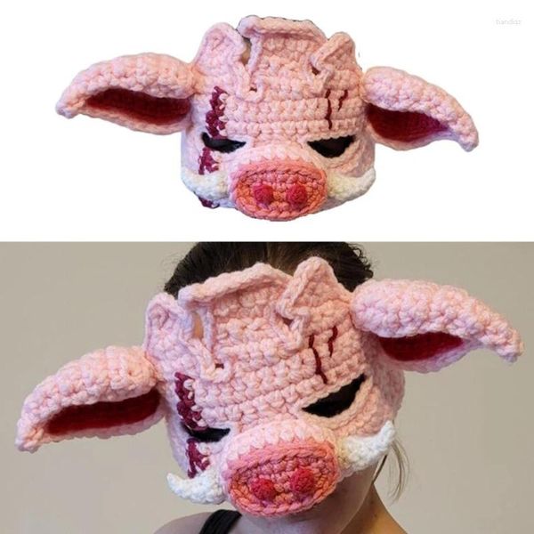 Berets Handmade Crochet 3D Pig Face Máscara Balaclava Chapéu para Adultos Adolescentes Cosplay Traje