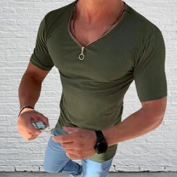 Herren T-Shirts Männer Hemd Einfarbig Langarm V-Ausschnitt Rippen Stretch Streetwear Frühling Herbst Slim Fit Reißverschluss T-Shirt Top Kleidung 2023