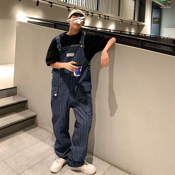 Erkekler Kot erkekler Kore moda 2023 Erkekler Stripe denim tulum sıradan pantolon gevşek önlük çocuk hip hop tulum