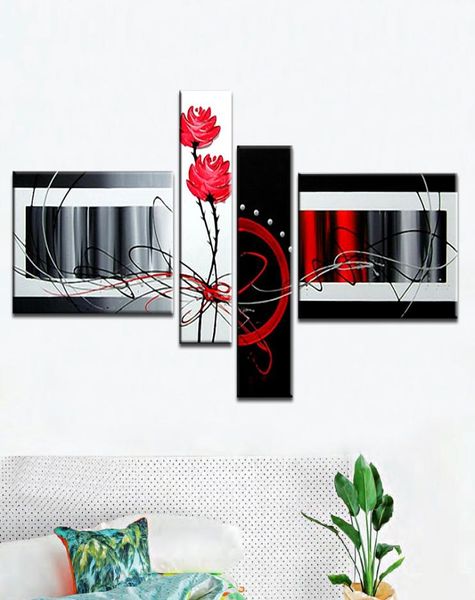 Combinazione multi pezzo 4 pezzi set tela arte astratta pittura a olio coltello fiori nero bianco e rosso decorazione murale dipinta a mano Pictu9039370