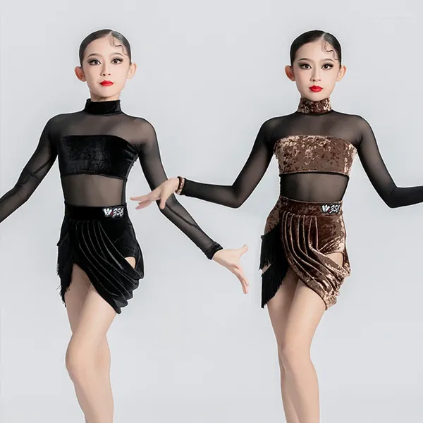 Palco desgaste meninas 2 cores veludo roupas de dança latina moderno dançarino outfit crianças desempenho vestido chacha rumba dança traje vdb7466