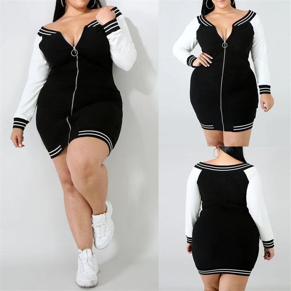 L-5xl langhülsen tiefe v halszip up Farbe passende Bodycon Mini Kleid sexy Nachtclub Party Kleider227n