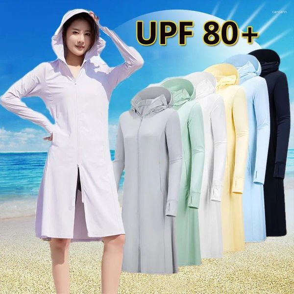 Giacche da caccia Abbigliamento per la protezione solare Giacca lunga sopra il ginocchio da donna UPF80 Cappotto di protezione UV traspirante con cappuccio per la guida all'aperto in spiaggia