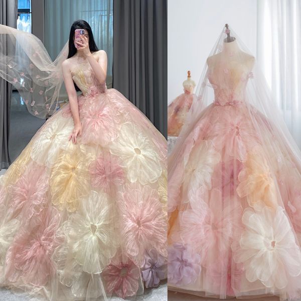 Дубайская принцесса с цветами Бальное платье Свадебное платье с блестками и 3D-цветами с открытыми плечами Длинный шлейф из бисера Роскошные свадебные платья Crystal Bride плюс размер пляжных халатов de Mariee