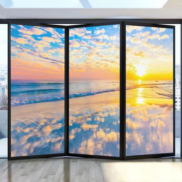 Adesivi per finestre Privacy Pellicola per finestre Tramonto Vista sul mare Modello Porta in vetro smerigliato Decorativo Blocco solare Statico senza colla