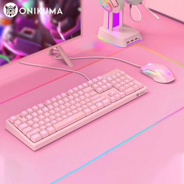 Комбинированная клавиатура и мышь ONIKUMA Gaming, 104 клавиши и светодиодная подсветка, розовая проводная клавиатура эргономичного дизайна, мышь для ноутбука, ПК Gamer 231030