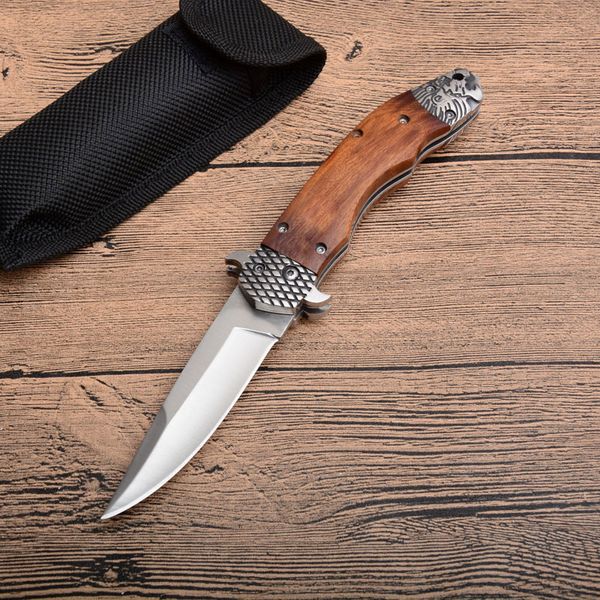 Offerta speciale Coltello pieghevole tattico automatico Lion 8Cr13Mov Lama satinata Manico in legno Coltelli tascabili EDC esterni con guaina in nylon