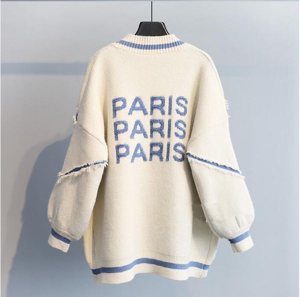 Nuovi maglioni da donna larghi Moda cardigan lungo Lettera stampata Parigi Donna lavorata a maglia Addensare Plus Size Cappotto maglione bianco alfabeto inglese per ragazze