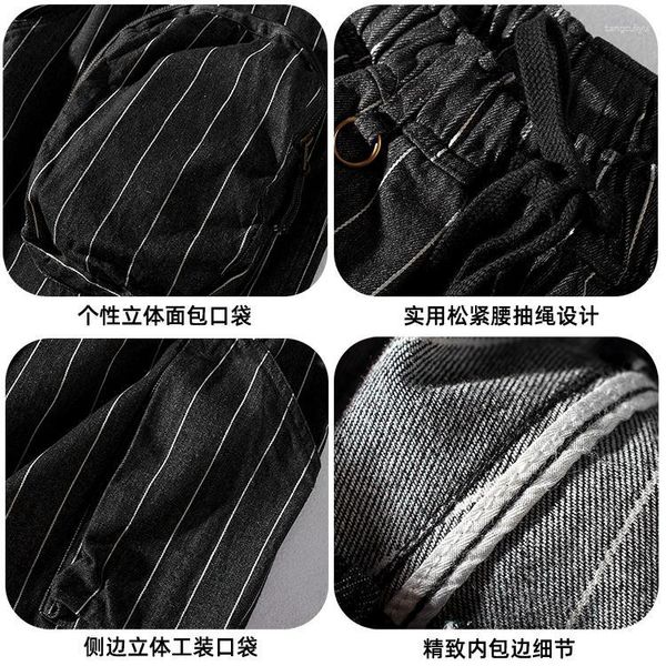 Erkekler Pantolon Erkekler 2023 Japon Retro Siyah Çizgili Takım Ekmek Moda Yıkanmış Eski Gevşek Denim Drawstring Sıradan Cep Çift
