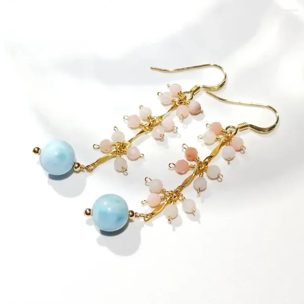 Ohrhänger von Lii Ji, natürlicher Larimar-Rosa-Opal, 14 Karat Gold gefüllt, langer Tropfen, echter Stein, handgefertigter Schmuck