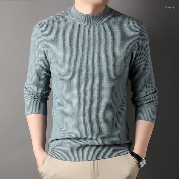 Мужские свитера 2023, свитер с воротником-стойкой, вязаный однотонный пуловер, простые топы с длинными рукавами