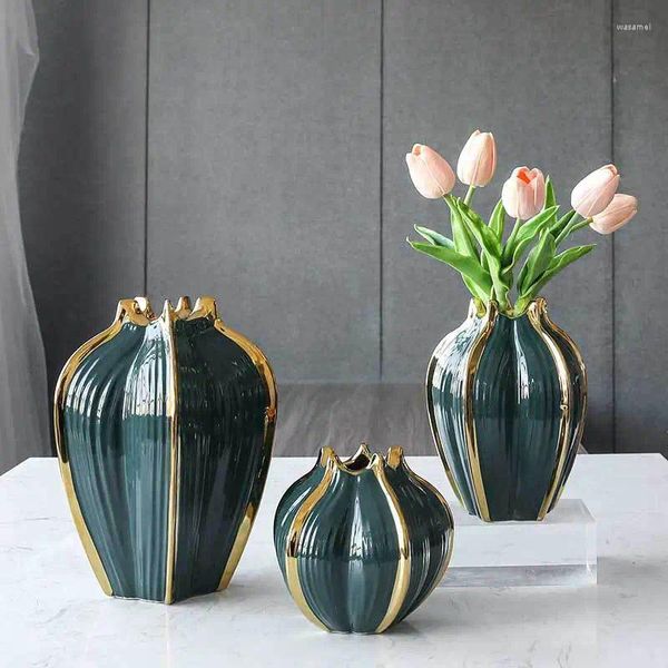 Vasen 1 stück Nordic Licht Luxus Vergoldeten Arbeitsplatte Kürbis Form Keramik Vase Kreative Grün/Orange Hause Wohnzimmer Dekoration