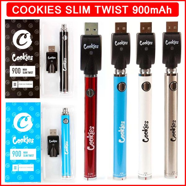 Новые печенья Slim Twist Vape Pen Батарея Нижний счетчик 900 мАч VV Предварительный нагрев 3,3-4,8 В Толстый масляный испаритель Картридж Vapes Батареи для резьбы 510