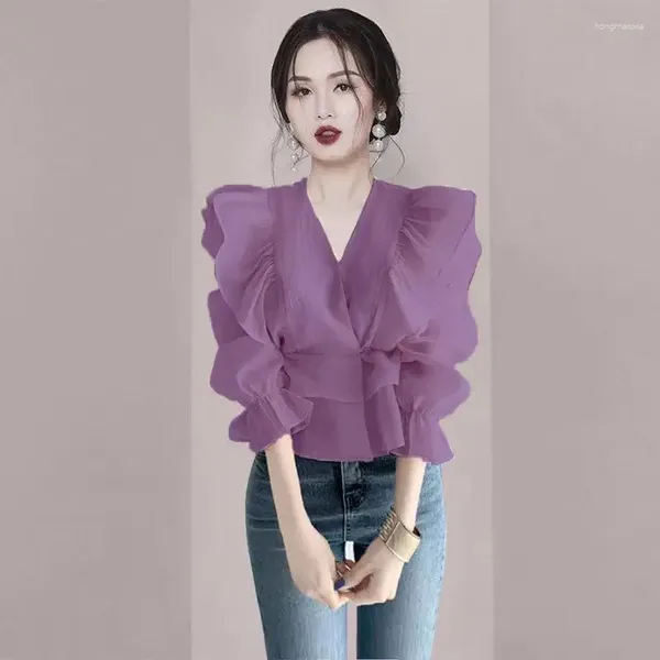 Blusas femininas elegantes decote em V Spliced Irregular Princess manga Ruffles Blouse Roupas 2023 Summer Tops Office Lady Shirt D185