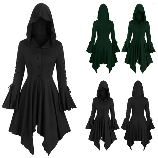 Vestidos casuais vintage capa com capuz medieval bruxa cosplay trajes mulheres outono rendas até festa gótica vestido irregular vestidos robe