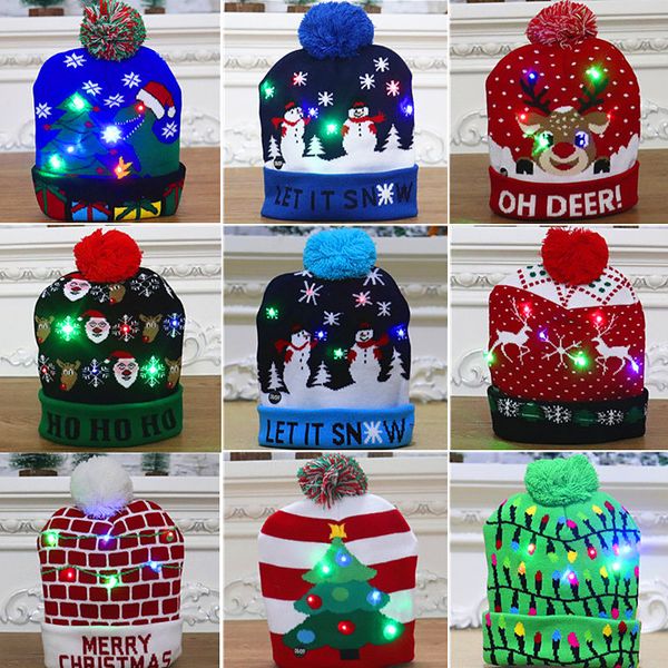 Decorazioni natalizie Cappello natalizio lavorato a maglia per adulti e bambini Cappello luminoso colorato Cappello da Babbo Natale di alta qualità