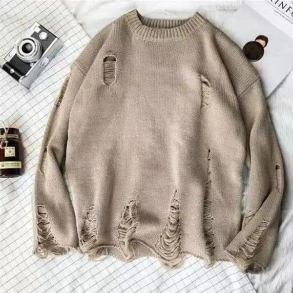 Erkek Sweaters Erkek Kadın Sokak Giyim Hip Hop Jumper Moda Büyük Boy All Maçlı Külükler Yıkan Deliği Yırtık Örgü 2023 W607