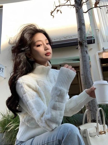 Malhas femininas gola alta branca fina elegante com zíper suéteres coreano chique simples y2k casacos estéticos moda todos os jogos cardigan de malha