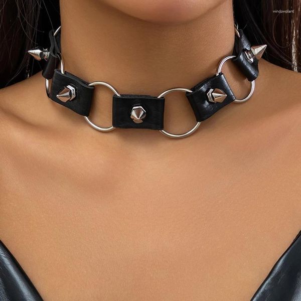 Correntes Goth Preto PU Couro Círculo Chunky Chain Colar para Mulheres Punk Geométrico Rebite Metal Gargantilha Grunge Jóias Steampunk Homens