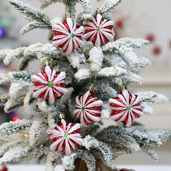 Objetos Decorativos Estatuetas 6 Pçs / Caixa Árvore De Natal Pingente Estrela Vermelha Doce Floco De Neve Xmas Bola Ornamento Ano 2024 Decoração Para Casa Noel Presente Navidad 2023 231030