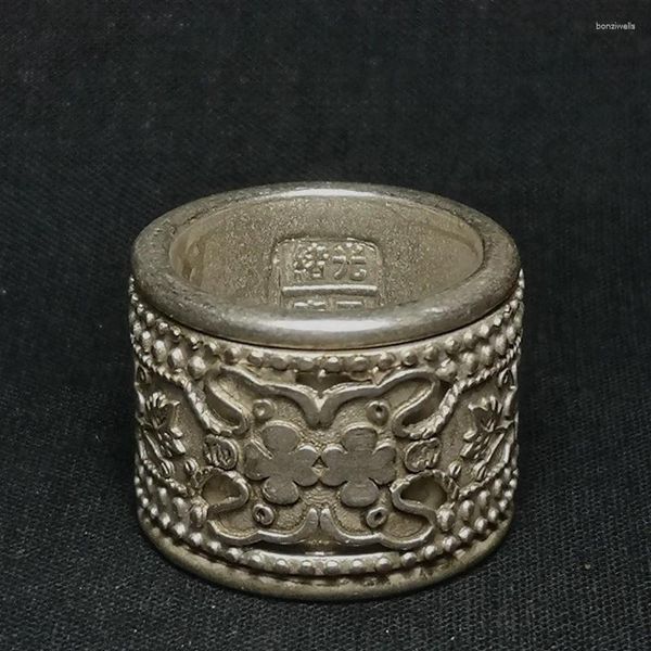 Dekoratif figürinler koleksiyonu eski Çin tibet gümüş oyma çiçek başparmak yüzüğü çift katlı dönüş