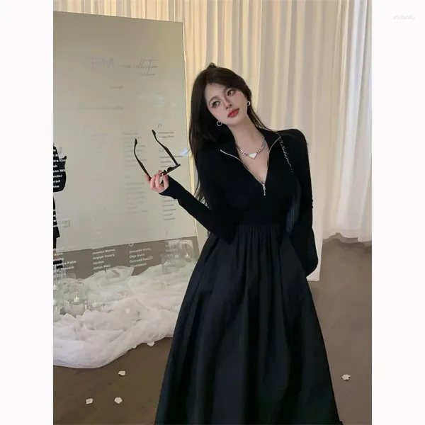 Vestidos casuais ptkpcc mulheres túnica preta vintage estilo coreano festa simples férias sólidas dentro magro elegante concurso