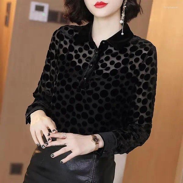 Frauen Blusen Herbst Winter Schwarz Polka Dot Hemd Bluse Frauen Drehen Unten Kragen Langarm Shirts Solide Bodenbildung