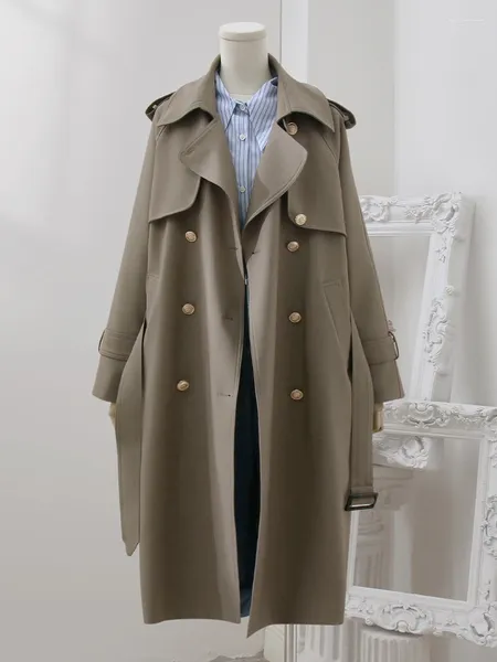 Trench da donna Cappotto al ginocchio di media lunghezza color caffè per abbigliamento autunnale Giacche doppiopetto in metallo testurizzato di marca