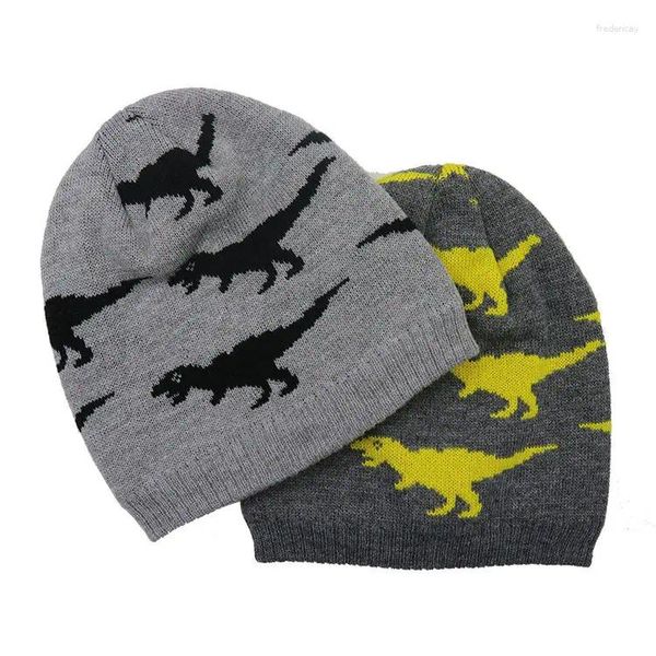 Berets Großhandel Gestrickte Niedliche Dinosaurier Fleece Gefütterte Wintermütze Kinder Toques Cap