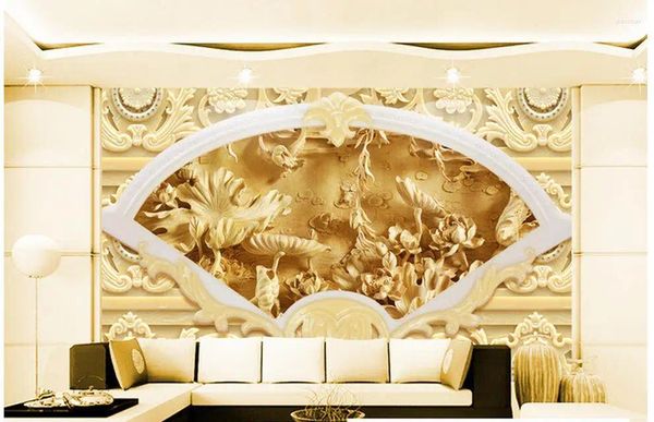 Sfondi Carta da parati personalizzata 3d Lotus Pond Intaglio del legno Arte murale per soggiorno Grande dipinto Home Decor