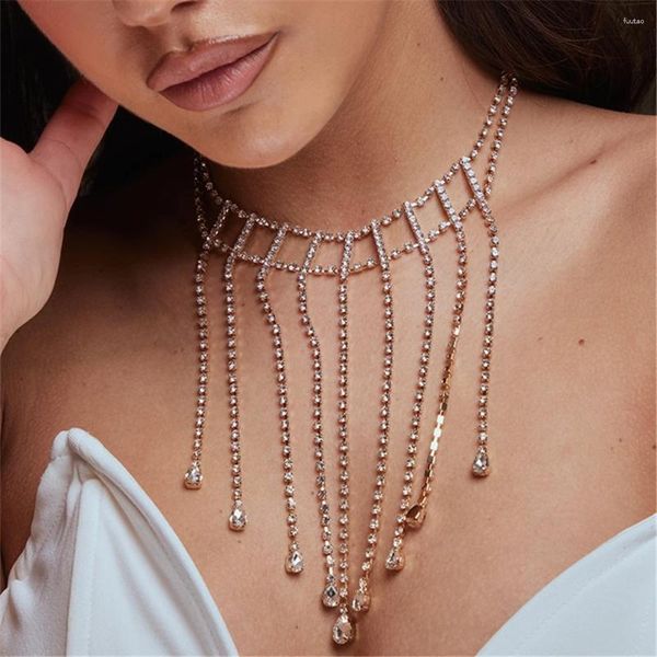 Anhänger Halsketten Trend Lange Quaste Kette Strass Tropfen Choker Für Frauen Braut Aussage Halskette Hochzeit Kristall Kragen Schmuck