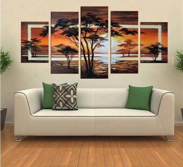 handgemaltes Öl Die Bäume Afrikanischer Sonnenaufgang Landschaftsölgemälde auf Leinwand Wandkunst 5-teiliges Set FZ00198502921787338