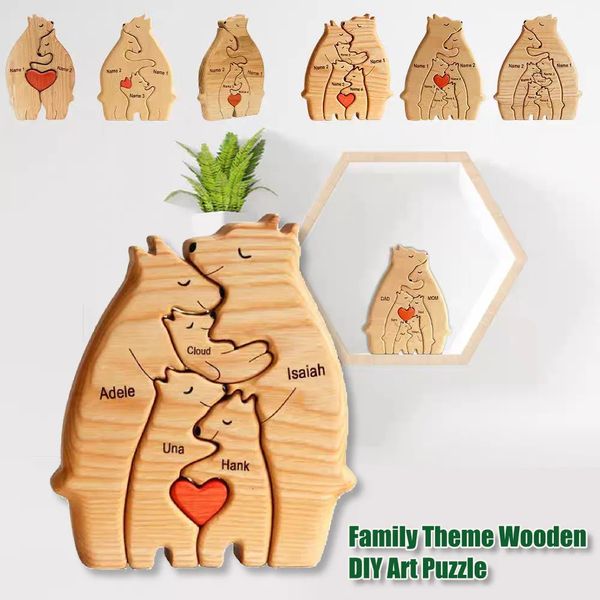Oggetti decorativi Figurine Fai da te Personalizzato Nome in legno Puzzle personalizzato Orso Famiglia Tema Arte Cuore Decorazioni per il desktop Regalo personalizzato per 231030