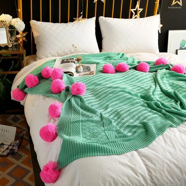 Coperte Palline Coperta Pompon lavorati a maglia Copriletto Morbido Cobertor Macaron Colore Tessuto fresco Tiro in stile nordico Biancheria da letto per divano Decorazione