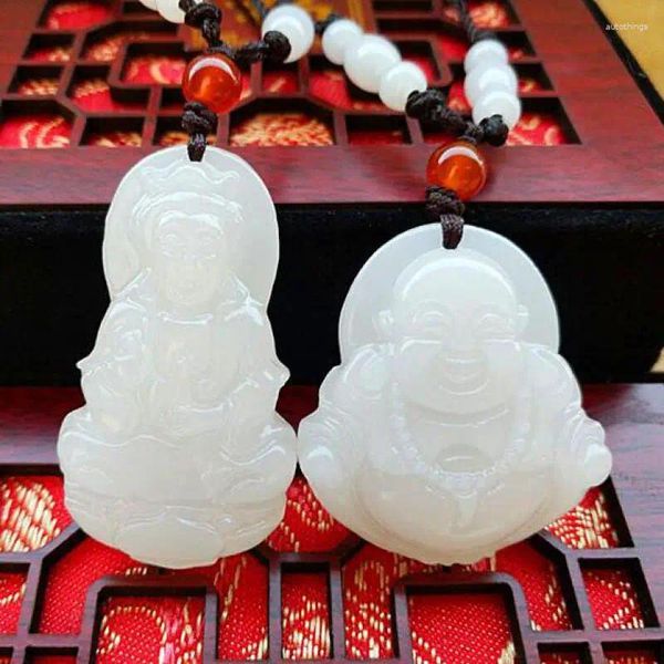 Pingentes natural branco jade guanyin pingente colar homens mulheres jóias finas genuíno jades buda feng shui encantos colares camisola corrente