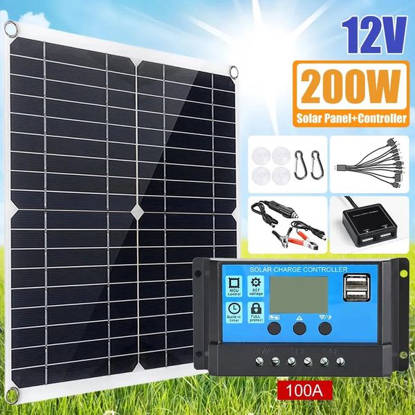 Ladegeräte 200 W Solarpanel-Set, komplett, 12 V, mit Dual-USB-100-A-Controllerzellen, Batterieladegerät für Auto, Yacht, Wohnmobil, Boot, Mobiltelefon 231030