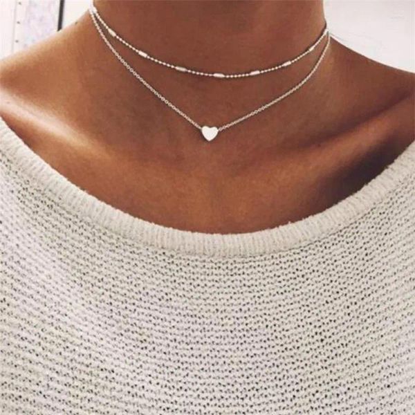 Anhänger Halsketten Einfache Gold Farbe Halskette Liebe Herz Choker Für Frauen Multi Schicht Perlen Chocker Kragen Femme Valentinstag