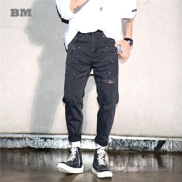 Jeans da uomo streetwear pantaloni a matita slim strappati in denim con macchie di vernice per abbigliamento da uomo coreano trendy corto harajuku vintage casual