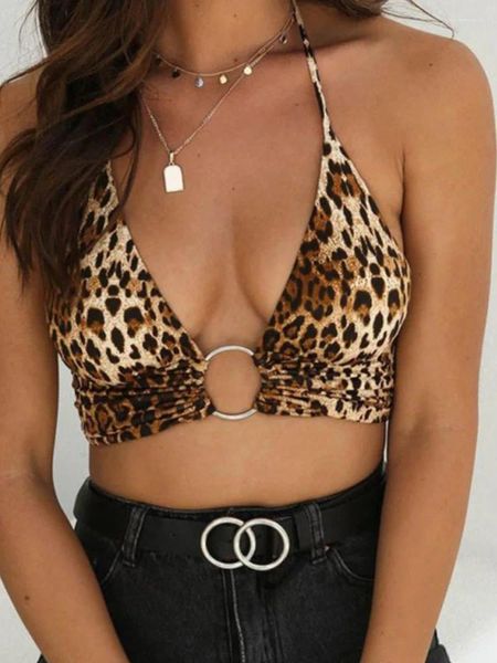 Tanques femininos Leopard Impresso Sexy Halter Crop Top Mulheres Camis Backless Bandage Lace Up Lantejoulas Anel de Metal Tanque 2023 Party Club Bustier