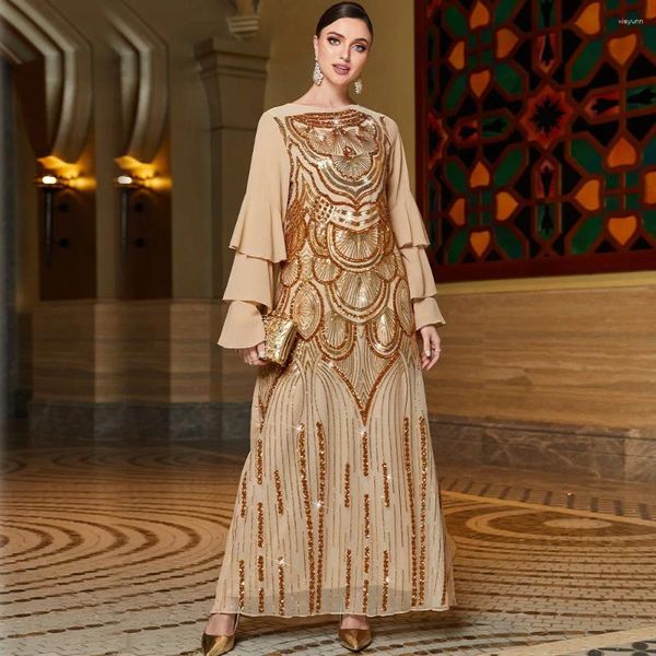 Freizeitkleider Damen Chiffon Gold Mehrschichtige Rüschenärmel Positionierung Spangled Besticktes Kleid Türkische Abaya Arabische Party