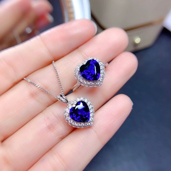 Set di gioielli Amore a forma di cuore blu cristallo zircone ciondolo con diamanti collana in oro bianco anello aperto regalo di compleanno per la fidanzata