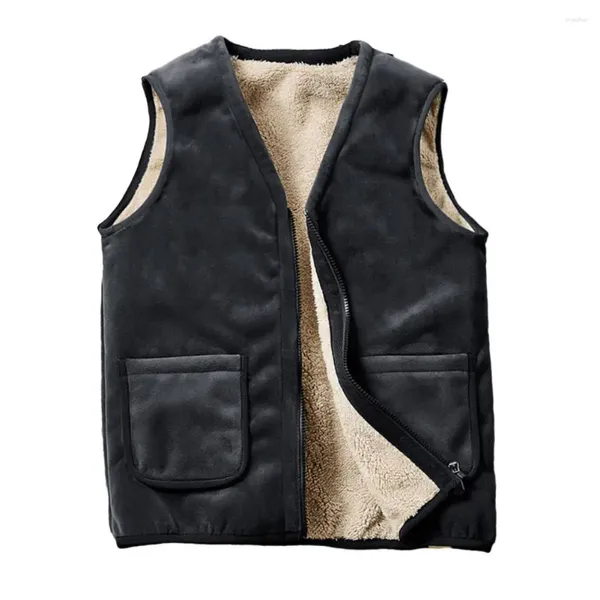 Gilet da uomo Gilet da uomo senza maniche Fodera in peluche spessa Tasche Chiusura con cerniera Cardigan Casual Autunno Inverno Giacca da padre di mezza età Gilet