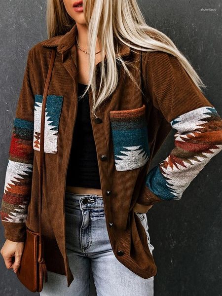 Женские куртки KALEE YOSE Вельветовая куртка цвета хаки с ацтекским узором, осенне-весенняя винтажная свободная женская куртка с длинными рукавами и карманами в стиле бохо