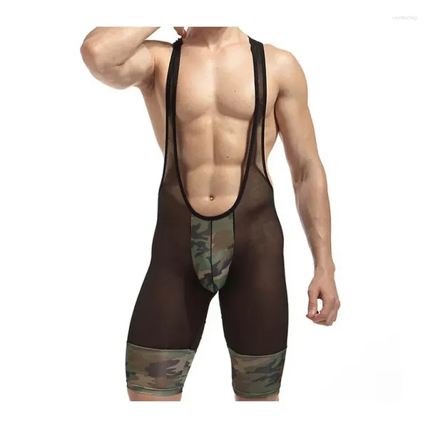 Underpants Mens Camuflagem Patchwork Underwear Alta Quanlity Masculino Bodysuits Nylon Ultra Fino Sheer Wrestling Singlet