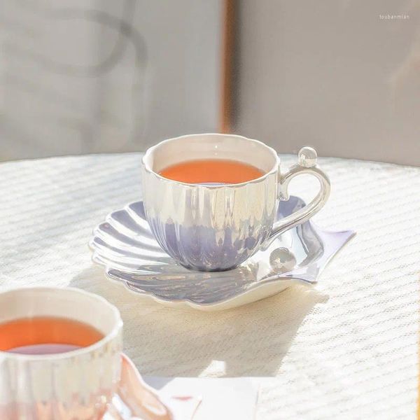 Canecas Nordic Creative Pearl Shell Cerâmica Xícaras de Café na Coreia da Tarde Xícara de Chá com Pires Conjunto