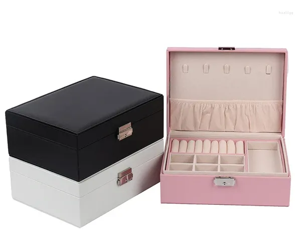 Caixas de armazenamento simples duas camadas caixa de joias de madeira embalagem preta grande com fechadura de madeira para anel/presente