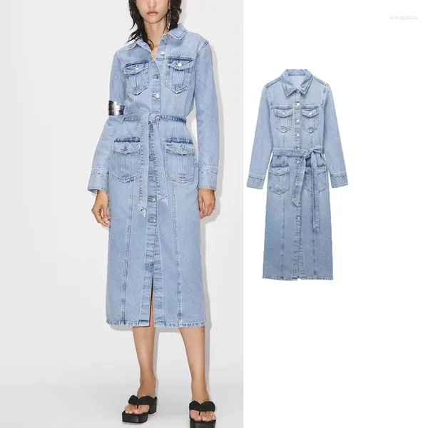 Abiti casual 2023 Abito in denim Donna Cintura lunga da donna Midi Autunno per feste da donna eleganti