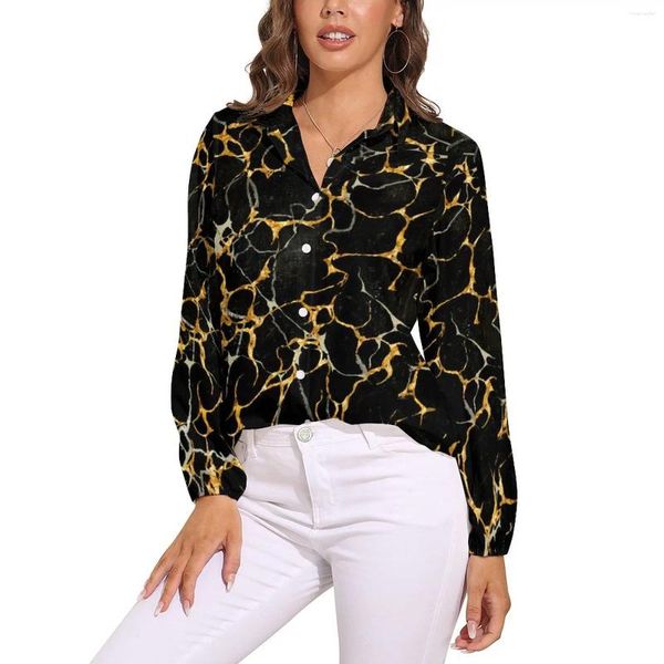 Blusas femininas moderna blusa de mármore manga longa preto ouro engraçado mulher casual camisa de grandes dimensões padrão topos presente