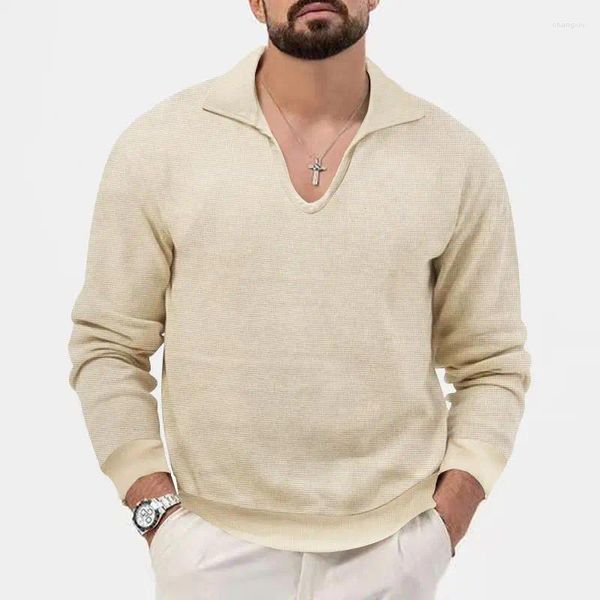 Suéter masculino elegante slim fit manga comprida waffle grid camiseta