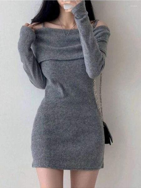 Casual Kleider Solide Französisch Vintage Dünnes Kleid Frauen Sexy Party Off Schulter Mini Weibliche Koreanische Mode Gestrickte Langarm Elegante